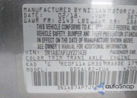 2018 Nissan Sentra Sr z USA, uszkodzony, nr VIN 3N1AB7AP7JY271439